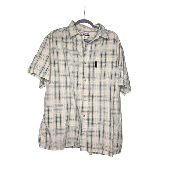 Columbia Mens XL White Blue Cotton Short Sleeve Button Fishing Hiking Shirt - Picture 1 of 16